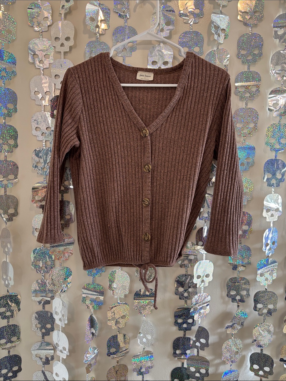 Free People Brown Ribbed V-Neck Button Cardigan with Drawstring
